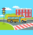bus stops before pedestrian near school building vector image