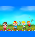 cartoon kids catching butterfly in the garden vector image vector image