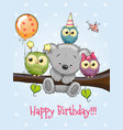 three owls and a bear on a branch vector image