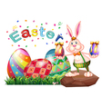 a bunny above the rock with easter eggs vector image