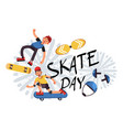 skate day preteens showing tricks on board vector image vector image