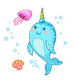 cute cartoon kawaii narwhals with rainbow horn vector image vector image
