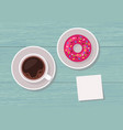 top view table with cup of coffee and donut vector image vector image