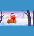 cute cat in red hat and scarf sitting on snow vector image