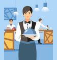 waitress with hot dish and lid cartoon character vector image