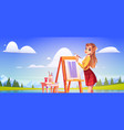 girl painter with easel on lake shore on plein air vector image vector image
