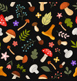 mushrooms and leafs seamless pattern on black vector image