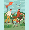 cute happy family riding bike skateboard vector image vector image
