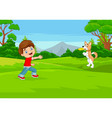 cartoon boy playing frisbee with his dog in pa vector image