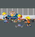 children repairing a car together in the garage vector image