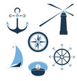 set of marine objects wheel captain cap vector image