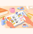 female hands creating photo album concept vector image vector image