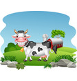 cartoon happy cow with farm background vector image