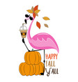 happy fall yall - flamingo with pumpkin latte vector image