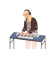 modern musician standing in headphones and playing vector image vector image