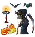 old witch with scythe pumpkin lantern and bats vector image