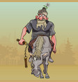cartoon funny warrior on horseback with nunchuck vector image vector image