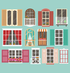 Set colorful windows with windowsills curtains Vector Image