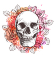 skull and flowers sketch with watercolor effect vector image
