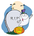 ghost waving from pumpkin near tombstone vector image