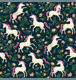 unicorns on a dark background with fairy forest vector image vector image
