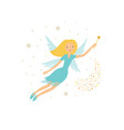 cute blue fairy in flight with a magic wand vector image vector image