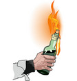 male hand holding a burning bottle of molotov vector image
