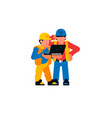 men construction workers and laptop computer vector image