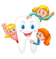 children hugging a big tooth on white background vector image