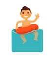 cheerful boy in blue water with life buoy vector image vector image