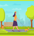 girl walking a dog in public park urban skyline vector image vector image