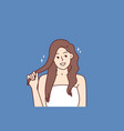 beautiful girl fixes hair enjoying silky hairstyle vector image vector image