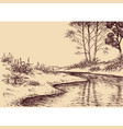 landscape drawing river flow and vegetation vector image vector image