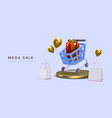 mega sale promotion banner with 3d realistic cart vector image