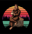 bigfoot relaxing coffee sunset retro illust vector image vector image