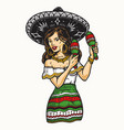 mexican woman in sombrero playing maracas vector image