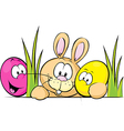 bunny peeking from behind the desk with cute eggs vector image