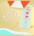 tourist woman lying on beach top angle view hello vector image