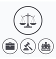 scales of justice icon auction hammer and case vector image