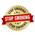stop smoking 3d gold badge with red ribbon vector image