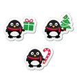 christmas icons with penguins vector image
