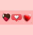 three hearts glossy red poured with chocolate vector image vector image