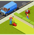mowing lawn isometric composition vector image vector image