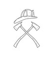 fireman helmet with crossed fire axe line drawing vector image