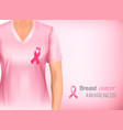 woman in pink shir with breast cancer ribbon vector image vector image