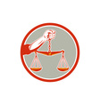 hand holding weighing scales circle retro vector image