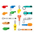 colored whistles set green warning tools soccer vector image