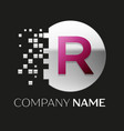pink letter r logo symbol in silver pixel circle vector image