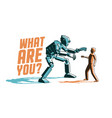 meeting a cyborg robot and man - retro vintage vector image