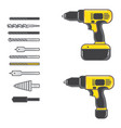 set of cordless drill with complete bits flat vector image vector image